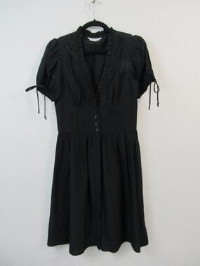To The Max Size 6 Black Short Puff Sleeve Dress Ruffled V-Neck Button Front
